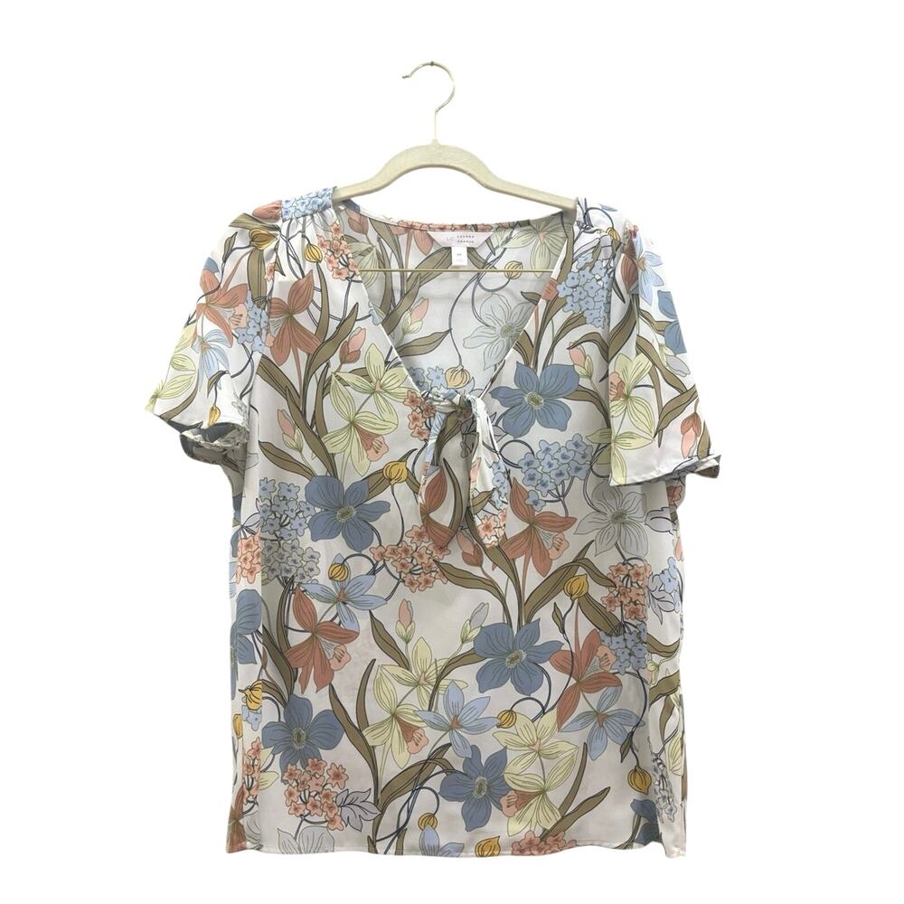 Floral Tie-Neck Short Sleeve Blouse - White Multi